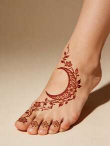2pcs Maroon Temorary Tattoo Stickers - Sexy Moon & Floral Patterns For Foot & Hand, DIY Mehndi Design, Fake Tattoos, For Women Body Parties Makeup - Brown - View 3