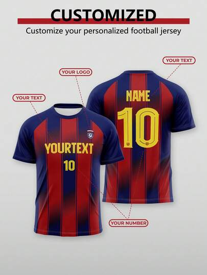 1pc Customized Football Jersey, Blue And Red Color Scheme, Customizable Letters And Numbers. As A New Year Gift, Personalized, Comfortable, Casual, Sporty T-Shirt