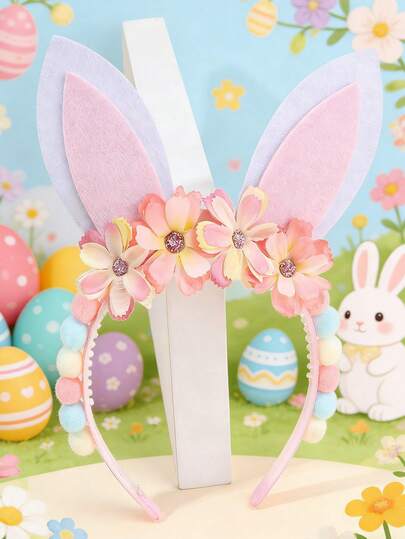 1pc Easter Pink Flower Headband For Girls,Fabric Rabbit Ear Bunny Ears Decor Headband For Girl,Cute Easter Rabbit Ear Hair Accessories For Girl Easter Gifts