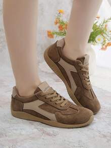 女士卡其色系带休闲运动鞋，白色时尚百搭运动鞋，适合休闲、运动、上学、旅行，四季皆宜 - 卡其色 - 查看 3