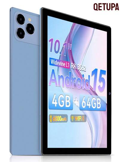 Qetupa 10.1-Inch Android 15 Tablet, 4GB RAM + 64GB ROM, RK3562 Quad-Core Processor WiFi, 1280 X 800 HD Display, 6000mAh Battery, Dual Cameras 5MP +13MP, Stereo Speakers, Stylish Design, Durable Construction
