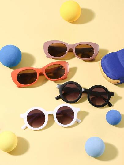 一套4副，男女童6-10岁聚碳酸酯猫眼圆框眼镜，可爱时尚，个性复古，适合户外派对等场合，附赠眼镜盒