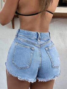 Asymmetrical Frayed Hem Distressed Ripped Wide Leg Denim Shorts For Women - Medium Wash - View 5
