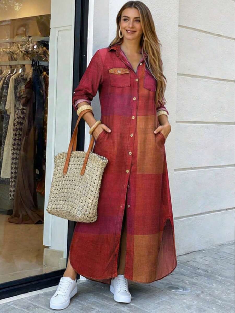Casual Shirt Dress With Loose Long Sleeves, Button Front, Shirt Dresses For Women - 紅 - 查看 1