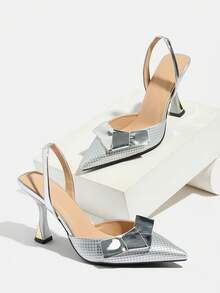 Sapatos de Salto Alto Bico Fino Femininos com Decoração de Laço, Design Sem Parte Traseira de Cor Sólida, Elegante e Confortável para Festa, Banquete, Noite, Baile, Vestido, Casual, Encontro, Presente de Aniversário, Adequado para Primavera, Verão, Outono, Inverno, Salto Alto Prateado - Prata - Visão 5