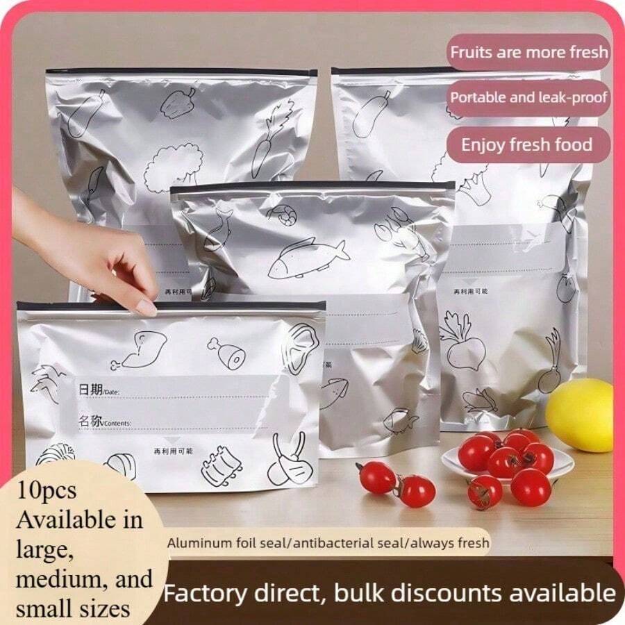 10pcs Aluminum Foil Antibacterial Food Storage Bags, Aluminum Foil Airtight Resealable Bags For Refrigerator, Freezer, And Food Storage, Available In Multiple Sizes - Silver-gray - View 1
