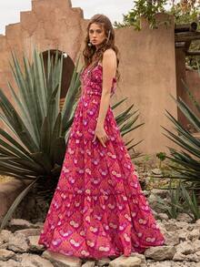 Faeriesty 优雅露背长裙：无袖层叠荷叶边礼服，交叉露背设计，刺绣花藤图案，轻盈飘逸的面料——完美适用于花园婚礼、波西米亚风新娘写真、目的地婚礼、乡村风周年庆典、浪漫户外活动等夏季场合。 - 玫瑰紅 - 查看 5