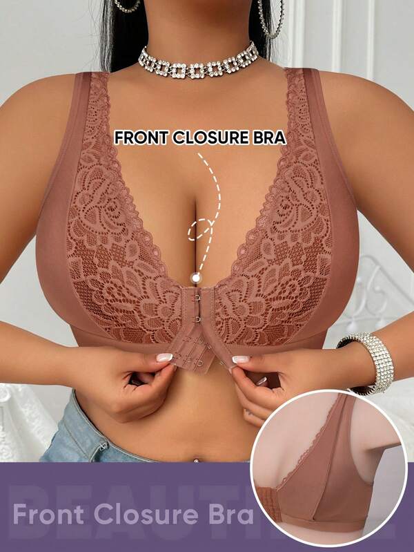 MEIYATING Reggiseno con chiusura frontale, in pizzo ricamato, morbido e traspirante, con copertura completa, per taglie forti, con sostegno e sollevamento