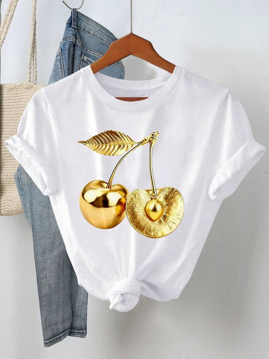 亮面樱桃印花时尚欧美风女式休闲上衣，圆领短袖T恤，春夏款 - 白色 - 查看 1