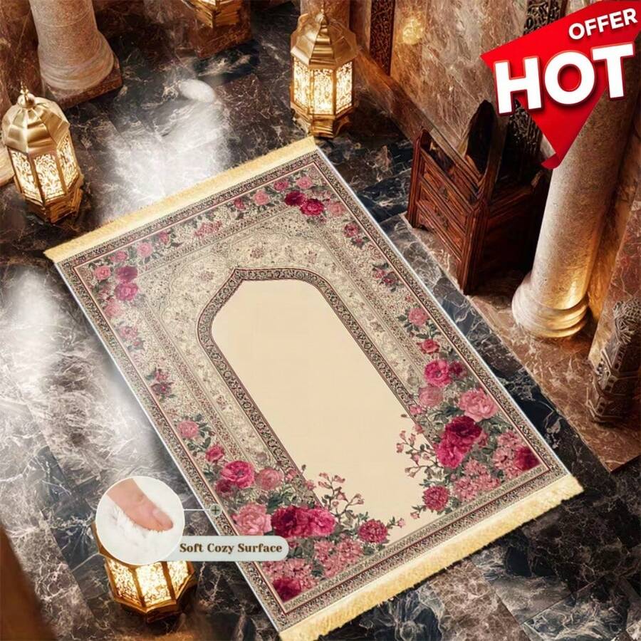 1 Islamic Prayer Mat-Non-Slip Foldable Prayer Mat With Tassels, Machine-Washable Thick Prayer Mat Suitable For Home, Living Room, Bedroom, And Doorways-Elegant Floral Design, Pink-Durable Polyester Mat For Muslim Worship And Decoration - Multicolor - View 1