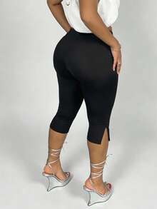 Solid Color Lightweight 7/8 Leggings With Side Slit Hem, Suitable For Casual Outings And Dates In Summer And Spring Black - Black - View 3