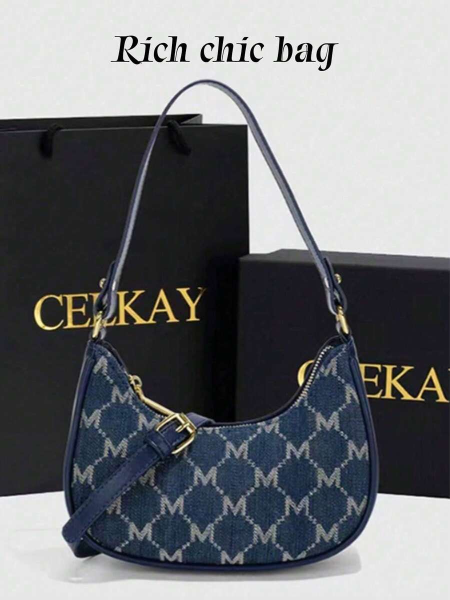 New Fashion Classic All Over M Letter Print Design, Zipper Closure Single Shoulder Underarm Crescent Bag, Holiday Style Elegant Wallet For Women, Suitable For Travel, Shopping, Commuting To Work, Holiday Gifts - Màu xanh lam - Xem 1