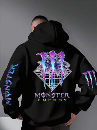 Artistic "MONSTER ENERGY" Lettering & Claw Motif Print Black Hoodie For Men Featuring Sleek Violet-Blue Iridescent Gradient "MONSTER" Text Wrapping The Entire Left Sleeve, Compact Violet-Blue Iridescent Gradient Claw Accents On The Right Sleeve, And A Large Statement Back Claw Graphic In Violet-Blue Iridescent Gradient Overlaid With Tropical Palm Leaf Fronds And A Sharp Geometric Grid Base Framed By A Clean Diamond Outline, Complemented By A Layered "MONSTER ENERGY" Logo Below The Central Design-With "MONSTER" In Matching Violet-Blue Iridescent Gradient And "ENERGY" In A Vibrant Contrasting Neon Green Hue- As A Stylish Streetwear Essential For Effortless Casual Styling, Everyday Outings, Laid-Back Hangouts, And Relaxed Weekend Plans, Ideal For Fans Of Bold, Artistic Graphics And Those Who Seek A Unique Blend Of Edgy Urban Design And All-Day Comfortable Wear, A Thoughtful Gift For Brothers, Friends, And Anyone Who Appreciates Eye-Catching Apparel That Stands Out In Any Setting