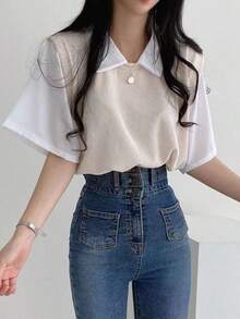 Camiseta de manga corta con cuello polo y dos piezas para mujer, de colores contrastantes, corte holgado, informal y versátil. - Albaricoque - Ver 4