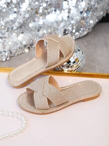 1双亮金色幼儿/儿童平底凉鞋，柔软编织面料，经典露趾设计，防滑鞋底，时尚公主风，适合海滩、派对、度假、室内/室外穿着，2026春夏款 - 玫瑰金 - 查看 5