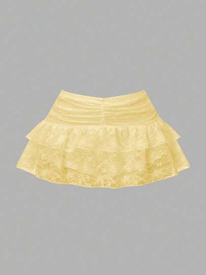 Women's Low-Waist Lace Ruffle Layered Pleated Cute Cake Skirt, Suitable For Parties, Shopping, And Gatherings Summer Yellow