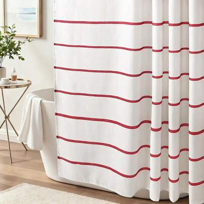 条纹浴帘套装，红色条纹情人节浴帘，带塑料挂钩，可爱格子印花防水面料，现代农舍风格家居装饰，适用于浴室、浴室装饰及配件、房间装饰，非常适合家庭、酒店、度假屋、礼品。