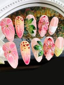 10pcs Luxury Handmade Nail Art, 3D Floral Design, Green & Pink Color Scheme, Medium Almond Shape, Suitable For Women's Daily Wear Nails Nail Supplies - 綠色 - 查看 2