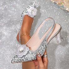 Women's Pointed Toe Backless High Heel Sandals With Sparkling Rhinestone Decor, Transparent Crystal Heel, Elastic Ankle Strap, Comfortable Padded Sole, Slip-On Design, Elegant Dance Shoes For Wedding, Party, Valentine's Day - Silver - View 10