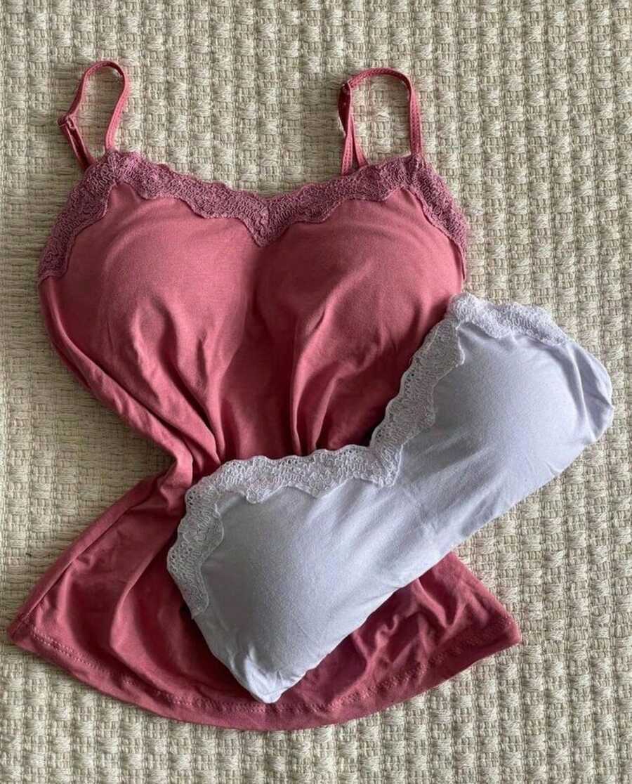 Set Of 2 Women's Basic Tank Tops With Lace Detail On The Bust, Thin Straps, Comfortable And Versatile - Ổi và Xám nhạt - Xem 1