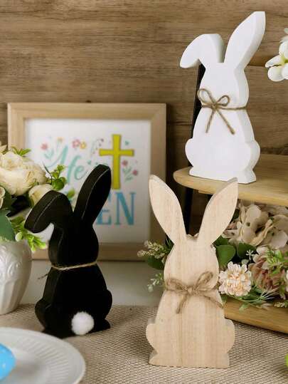 3pcs Easter Home Decor, Easter Bunny Wooden Desktop Centerpiece Decor, 3-Tier Tray Farmhouse Style Decoration, Gift, Black, Easter Home Decor, Spring Decor, Birthday Party Decor, White, Natural Wood