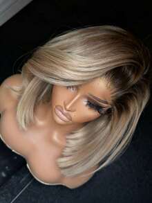 Short Ombre Ash Blonde 13x4 HD Transparent Straight Lace Frontal Wigs With Dark Roots Blonde Colored Glueless Bob Wig Human Hair For Women 250 Density Short Bob Wig Pre Plucked With Natural Hairline - Rooted&Ombre - Xem 7