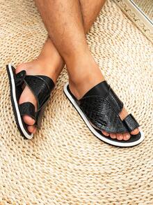 Men's Flat Comfortable Arabic Style Slippers, Middle Eastern Men's Sandals, Black Middle Eastern Slide Sandals - Black - View 3