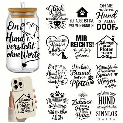 4pcs German Dogs Quote UV Transfer Stickers | Self-Adhesive Plastic Decals For Crafts, Mugs, Laptops & Water Bottles | High-Quality Prints, Durable, Festive Designs, Plaid Pattern By EYESWEB