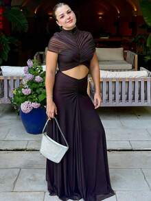 Women's Dress Fashionable And Elegant Temperament Pleated Design Women's Dress Sexy Exposed Navel Spice Girl Splicing Hip Wrap Dinner Party Solid Color Dress - 咖啡棕 - 查看 4