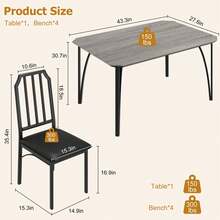 Juego de comedor de 5 piezas: tablero de roble con estructura de metal negro y 4 sillas tapizadas. Muebles de cocina modernos para 4 personas. Juego de comedor para el hogar que ahorra espacio. - Gris - Ver 9