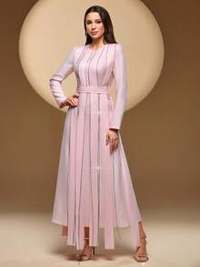 Women's Solid Color Round Neck Asymmetrical Rhinestone Swaying Flower Elegant Long Sleeve Maxi Dress With Belt, Asymmetrical Front Flounce, Suitable For Multiple Occasions Wedding Party - Baby Pink - View 8