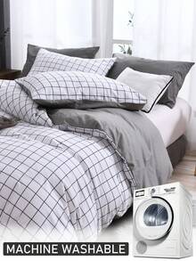 2/3件套白色格子印花纯棉被套套装，简约四季皆宜的床上用品套装，适用于客房、宿舍，柔软透气，亲肤舒适，可机洗，大号、特大号，各种尺寸（1个被套+1/2个枕套，不含填充物） - 黑與白 - 查看 7