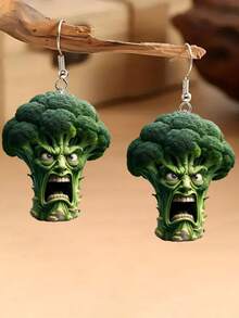 1 Pair Abstract Cartoon Green 2D Broccoli Acrylic Earrings, Angry Vegetable, Quirky & Soulful - Green - View 3