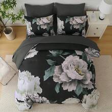 7 Piece Black Beige Floral Comforter Set Full/Queen/King Size Bed In A Bag,Flowers Printed On Light Comforter Set With Sheets, Soft Microfiber Botanical Bedding Set For Wedding Items,Home Bed Room Decor,Easter Gifts,Mothers Day Gift,All Season - Đen Be-1551 - Xem 5