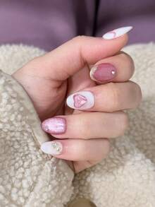 10片椭圆形粉色猫眼美甲贴纸，金色镶边，3D爱心图案，适合日常佩戴和节日装扮，可重复使用，非常适合女性和女孩，可爱的美甲贴纸 - 粉色 - 查看 3