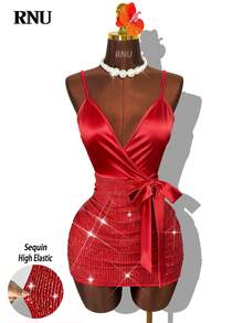 RNU 女士优雅V领亮片缎面拼接蝴蝶结扭结前襟修身连衣裙，适合约会、夜店、街头、情人节、新年、生日、狂欢节派对、春夏秋季、婚礼宾客/节日派对迷你连衣裙/吊带裙 - 紅色 - 查看 8