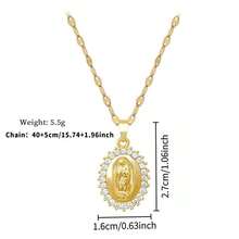 Elegant Luxurious Sparkling White Zirconia Oval Virgin Mary Copper Pendant Necklace, Men's Fashion Party Jewelry Accessory, Stainless Steel Chain, Romantic Anniversary/Holiday Gift - Gold - View 3