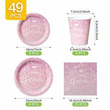 1 Set Pink Crystal Crown Happy Birthday Disposable Plates, Napkins, Cups, Serves 8 Guests, Suitable For Birthday, Wedding, Party, Family Picnic - Multicolor - View 8