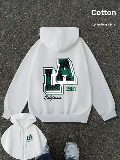 Heren katoenen top, retro urban stijl Los Angeles Californië top met patroon, basic losvallend herenvest met rits en hoodie, lente- en herfststijl, zachte en ademende katoenen top met lange mouwen en verlaagde schouders.