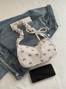 1pc White Corduroy Fabric Smooth Zipper Bow Print Drawstring Shoulder Strap Design Fashion Versatile Casual Solid Color Minimalist Autumn/Winter New Unique Shoulder Bag, Suitable For Women's Daily Use - White - View 9