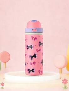 Meoky 19oz Travel Water Bottle: 2-In-1 Push-Button Drinking Spout And Flip-Up Straw, Leak-Proof, For Hot & Cold Drinks, Stainless Steel Insulated Cup, Fits Car Cup Holders, Ideal Gift For Travel, Fitness, School, And Outdoor Activities - Pink Bow - View 2