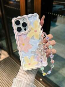 Floral Painted Braided Wave Edge Bracelet Strap Shockproof Thick Phone Protective Case, Suitable Compatible With Iphone 17/17 Pro/17 Pro Max, 16 XR/7/8, 15 Pro Max, 12 Pro Max, 13 Pro Max, 14 Pro Max, 13, 14, 11, 12, P11, P12, XS, XR, 7/8, P, 7G ES2