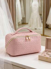 1个女士奢华高端化妆包，编织纹理PU皮革防水洗漱包，便携式化妆品收纳包，大容量旅行配件包，化妆包，化妆袋，旅行化妆包，家用化妆包，学生化妆包，宿舍化妆包，旅行必备，过夜包，多功能包，伴侣包，情人节礼物，送给她的最佳礼物，化妆间装饰 - 彩色 - 查看 11