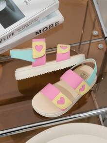1 Pair Girls' Summer Flat Sandals, Heart Stitching Design, Colorblock, Hook And Loop Closure, Round Toe Slip-On Flats, Suitable For Beach, Vacation, Daily Wear - Multicolor - View 7