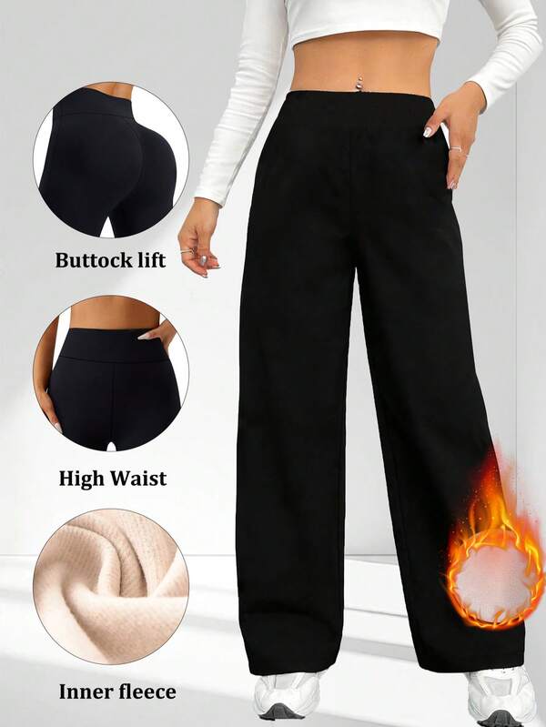 1pc Women's Thermal-Lined Wide Leg Pants, High Waist Warm Straight Leg Trousers, Black Thermal Thick Warm Versatile Pants, Straight Leg Style, Elastic Waistband, Suitable For Daily, Office, Outdoor Wear, Women's Winter Outfit, Women's Winter Pants