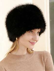 1pc Faux Fur Flat Top Hat, Fluffy Bucket Hat, Thick Warm Ear Protection Round Top Beanie