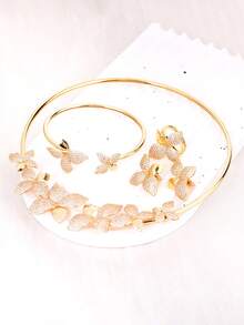 LIGHTSOME Set de 4 piezas: Collar de flor de circonita completa de lujo con pulsera, anillo abierto, aretes. Conjunto de joyas de charm choker de cobre con circonita para mujer, regalo para el Día de San Valentín - Conjunto de joyas - Ver 2