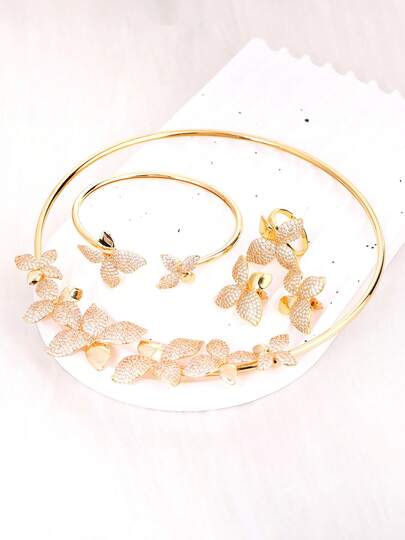 LIGHTSOME 4 قطع/مجموعة مجوهرات فاخرة مكونة من قلادة زهرة كاملة الزركونيا مع سوار وخاتم مفتوح وأقراط، طقم مجوهرات سحري من النحاس والزركونيا، هدية مثالية للنساء في عيد الحب