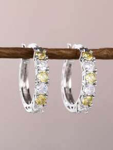 1 Pair Fashion Cubic Zirconia Hoop Earrings For Women For Wedding Anniversary Engagement Party Jewelry Valentine's Day Gift - Yellow - View 6