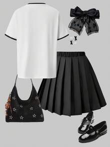 Bộ đồ mùa hè phong cách quý phái cho bé gái, áo thun trắng cổ tròn in hoa hồng phối chân váy xếp ly đen, set đồ 2 mảnh tối giản thường ngày. - màu đen - Xem 3